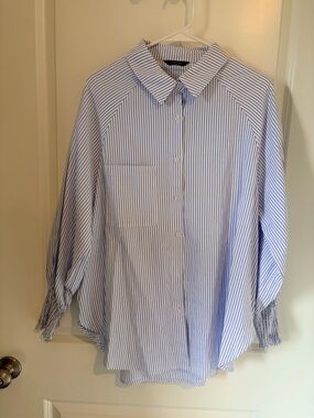 Blue and White Boyfriend Striped Button-Up Shirt